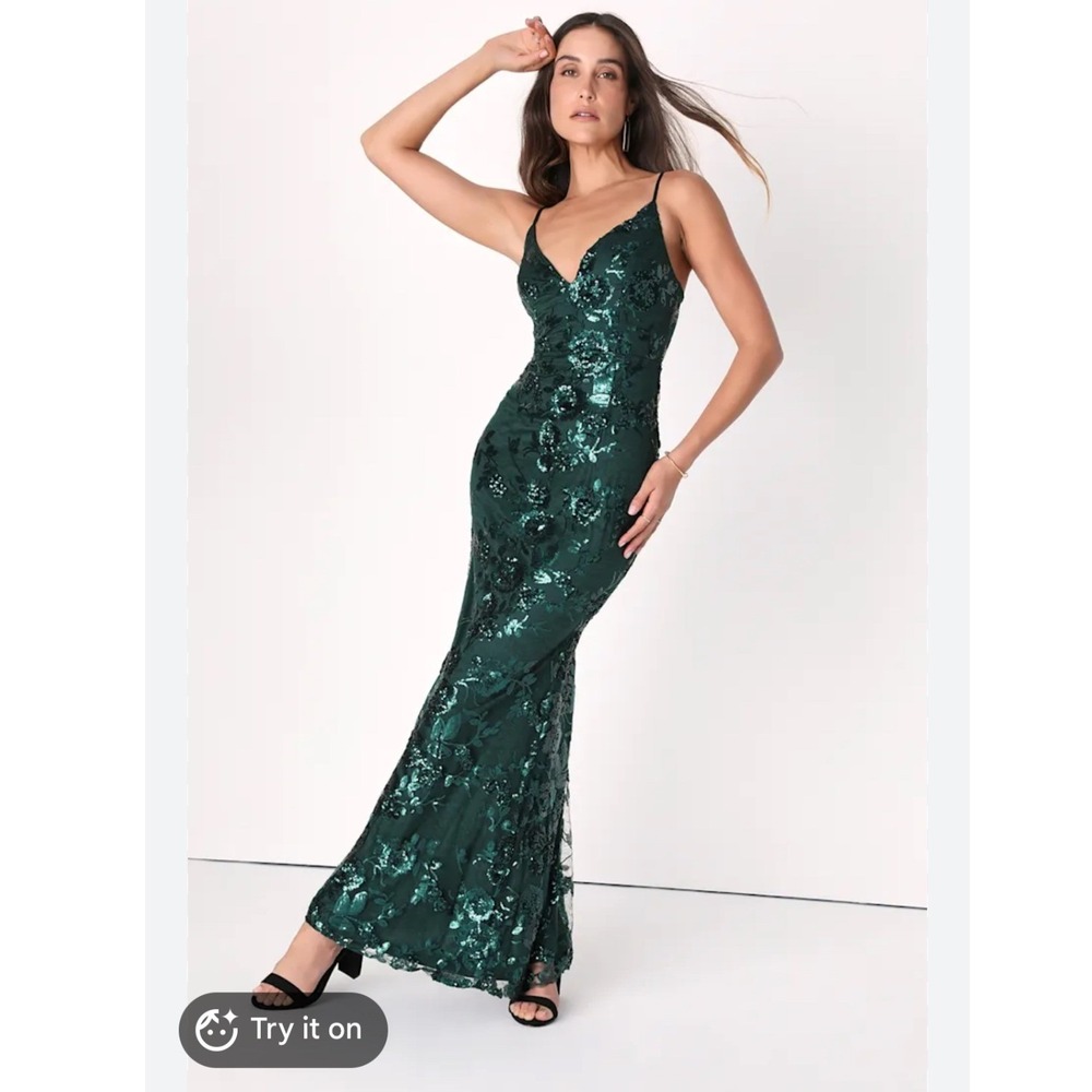 Lulus Emerald Green Floral Sequin Embroidered Mermaid Maxi Dress Gown Sz M Fairy